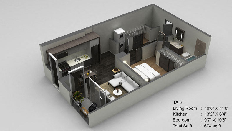 Floor plan for 1 bed, 1 bath, 674 sqft
